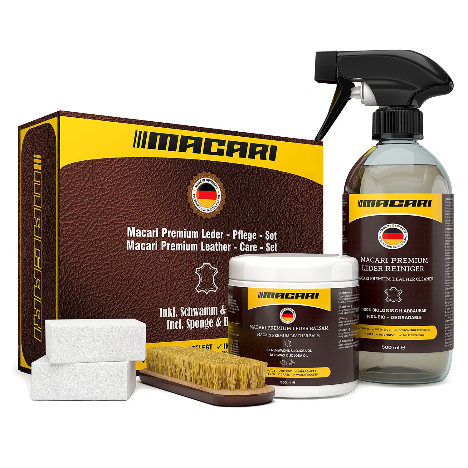 81DEy2uUOpS._SY1500_.jpg Macari Lederpflege Set 500ml Reiniger + 500ml Balsam mit Bienenwachs & Jojobaöl – Bild 1