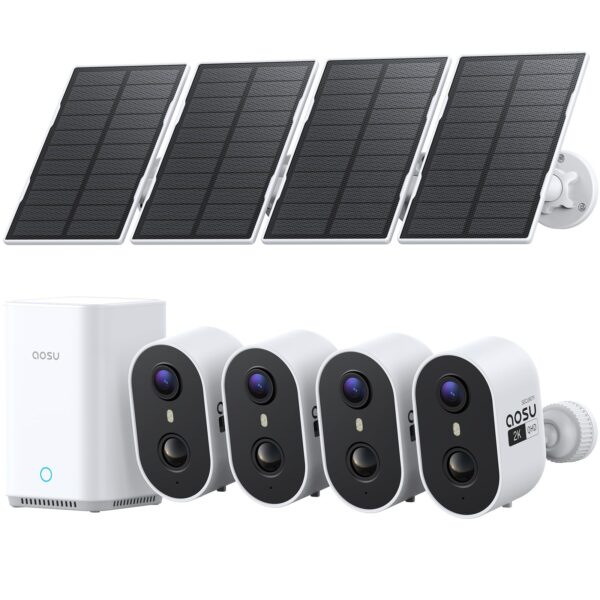 aosu Solar Überwachungskamera Aussen 4er-Kit mit Aosubase – 2K, PIR, Farblichtsicht