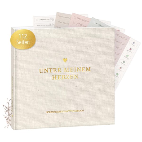 mintkind® Schwangerschaftstagebuch Leinen – 112 Seiten Hardcover mit Sticker Set für werdende Mütter