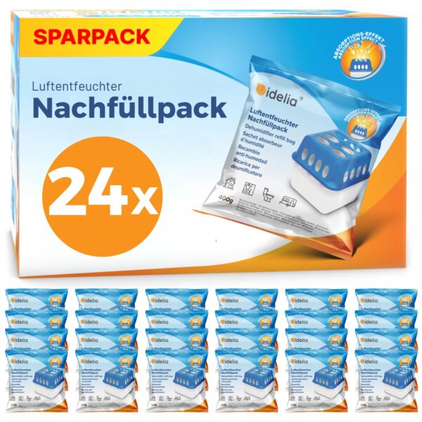 Idelia Luftentfeuchter Granulat 400g – 24er Nachfüllpack Set für trockene Räume