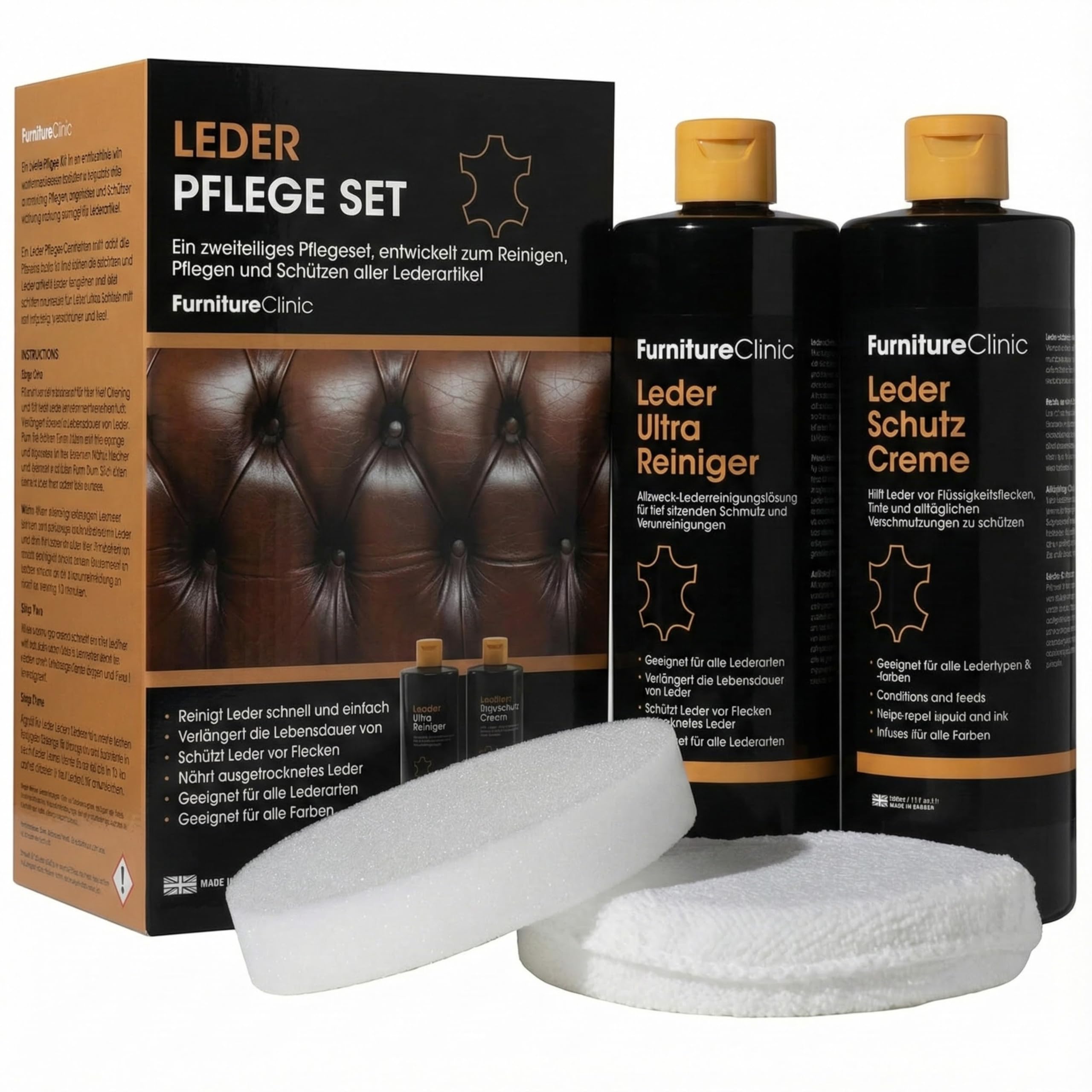 81FZjzUJRLL._SY2560_.jpg Furniture Clinic Lederpflege-Set 2x500ml – Reiniger & Conditioner für alle Lederarten – Bild 1