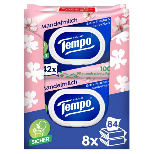 Tempo Feuchtes Toilettenpapier mit Mandelmilch & Panthenol – 16er Pack