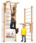 gurkler Sprossenwand Holz mit Klimmzugstange & Dip Extension – Trainingsgerät für Erwachsene & Kinder