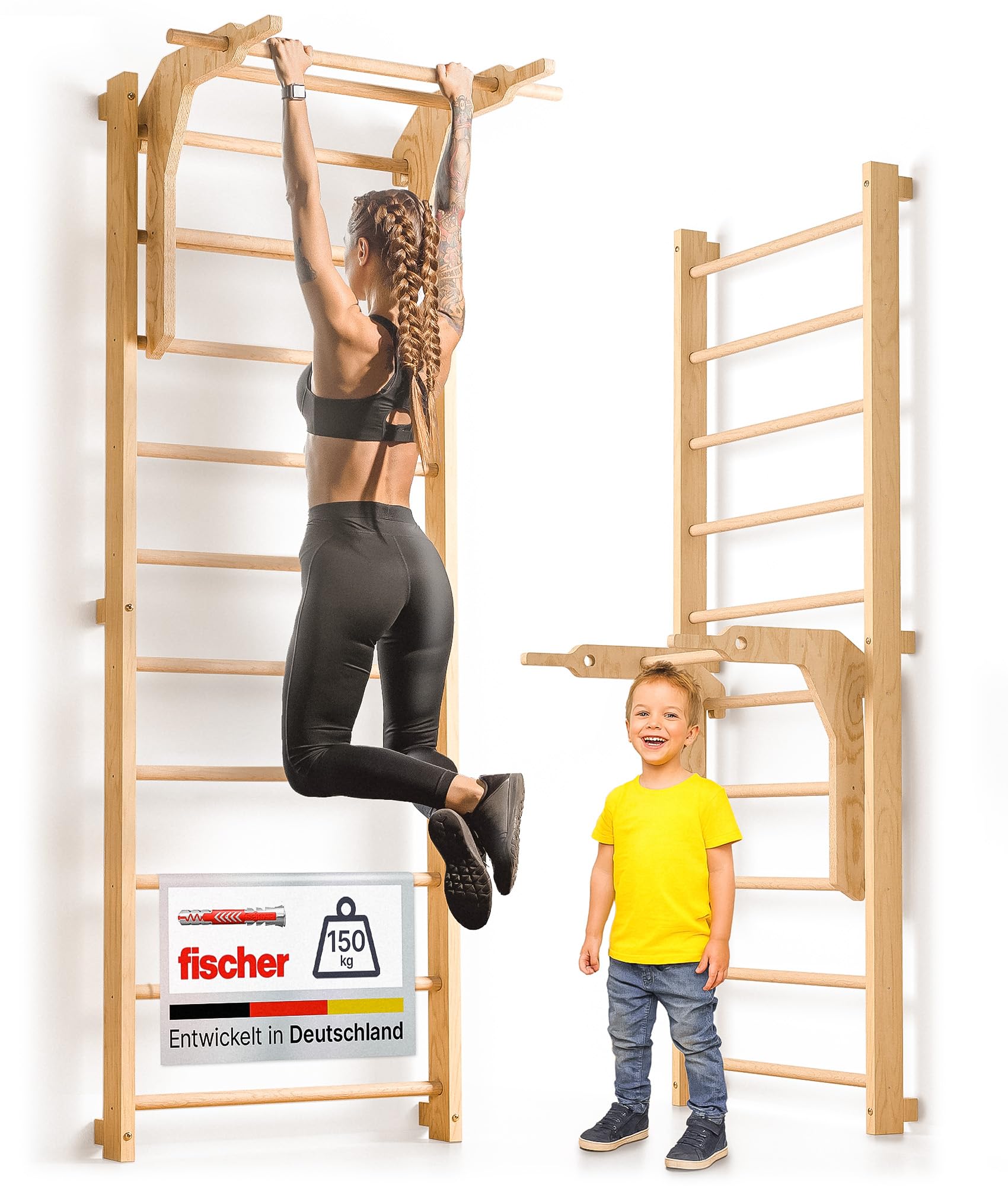 81HWigPwBDL._SY2000_.jpg gurkler Sprossenwand Holz mit Klimmzugstange & Dip Extension – Trainingsgerät für Erwachsene & Kinder – Bild 1