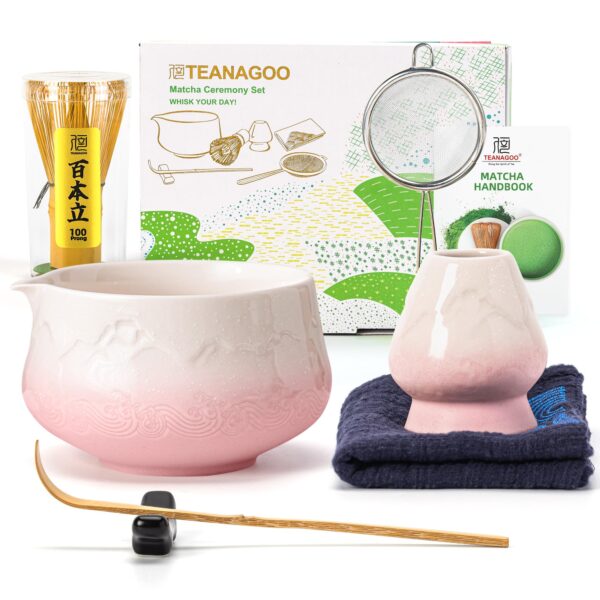 TEANAGOO 7er Matcha Set Rosa – Keramik Schale mit Bambusbesen & Zubehör
