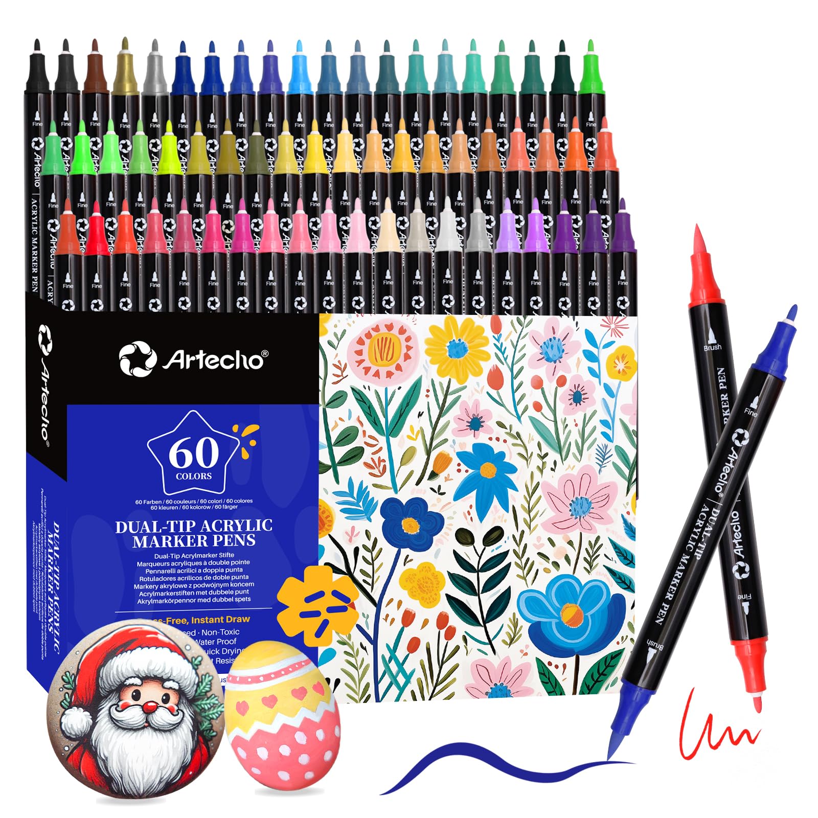 81Hj-ru86jL._SY1600_.jpg Artecho Acrylstifte 60 Farben – Dual-Tip Marker mit Pinsel & feiner Spitze für kreative Projekte – Bild 1