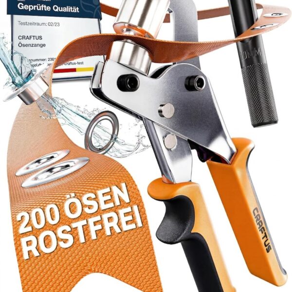 CRAFTUS Ösenzange Set mit 200 Metallösen Ø 10mm – Profi-Ösenpresse aus gehärtetem Stahl