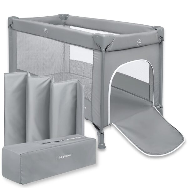 Moby-System Baby Reisebett 128x68 cm – Klappbett mit Matratze & Tragetasche für Babys bis 15 kg