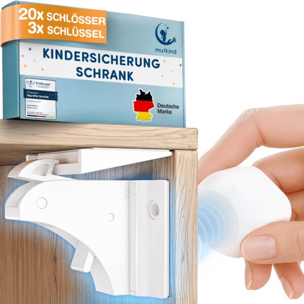 MUTKIND® 20x Magnetische Kindersicherung mit TESA-Kleber + 3 Schlüssel – Schranksicherung ohne Bohren