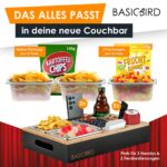 BASICBIRD® Couchbar Snackbox – Bambus Sofatablett mit 3 Edelstahl-Schalen & Getränkehalter – Bild 3