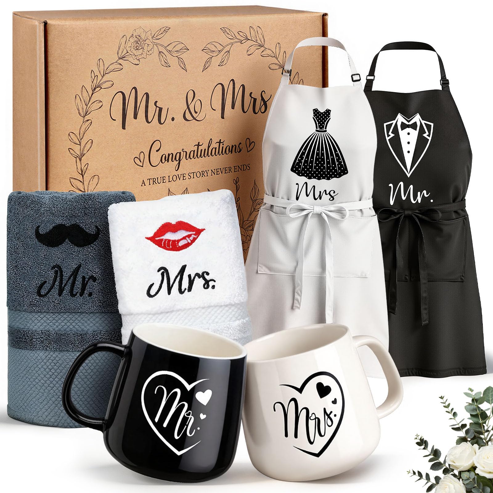 81OqVNB0mXL._SY1600_.jpg TUZELIYA Mr & Mrs Hochzeitsgeschenk Set 6-teilig – Tassen, Handtücher & Schürzen für Brautpaare – Bild 1