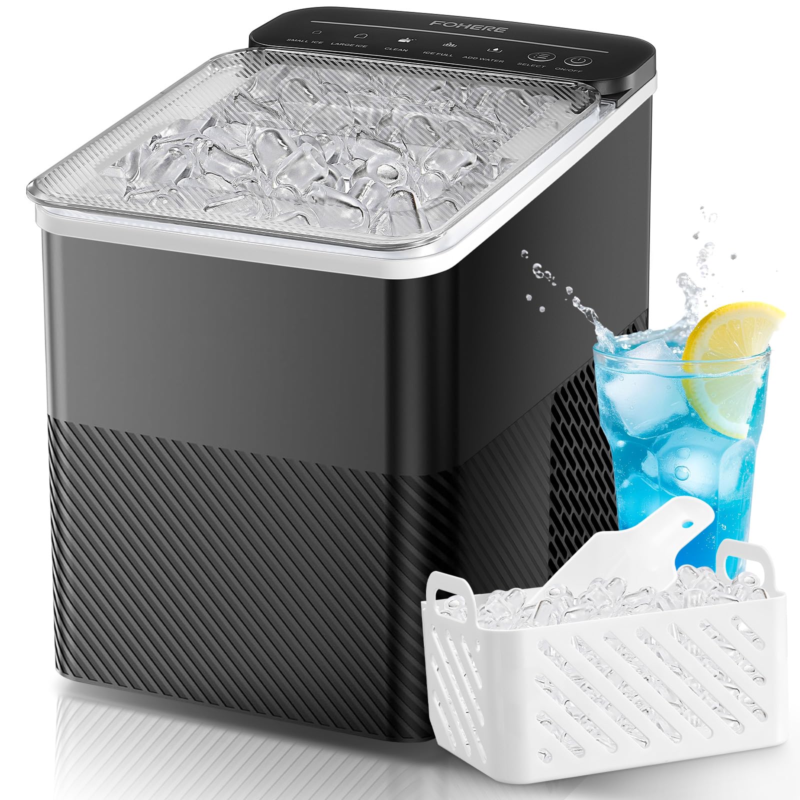 81Oxjl446DL._SY1600_.jpg FOHERE Tragbare Eiswürfelmaschine 14 kg/24h – Selbstreinigend mit 2 Grössen – Bild 1