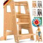 KIDIZ Lernturm mit Lernuhr – 3-stufig höhenverstellbar, bis 50 kg belastbar, Kiefernholz