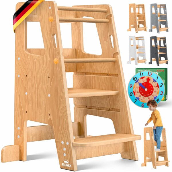 KIDIZ Lernturm mit Lernuhr – 3-stufig höhenverstellbar, bis 50 kg belastbar, Kiefernholz