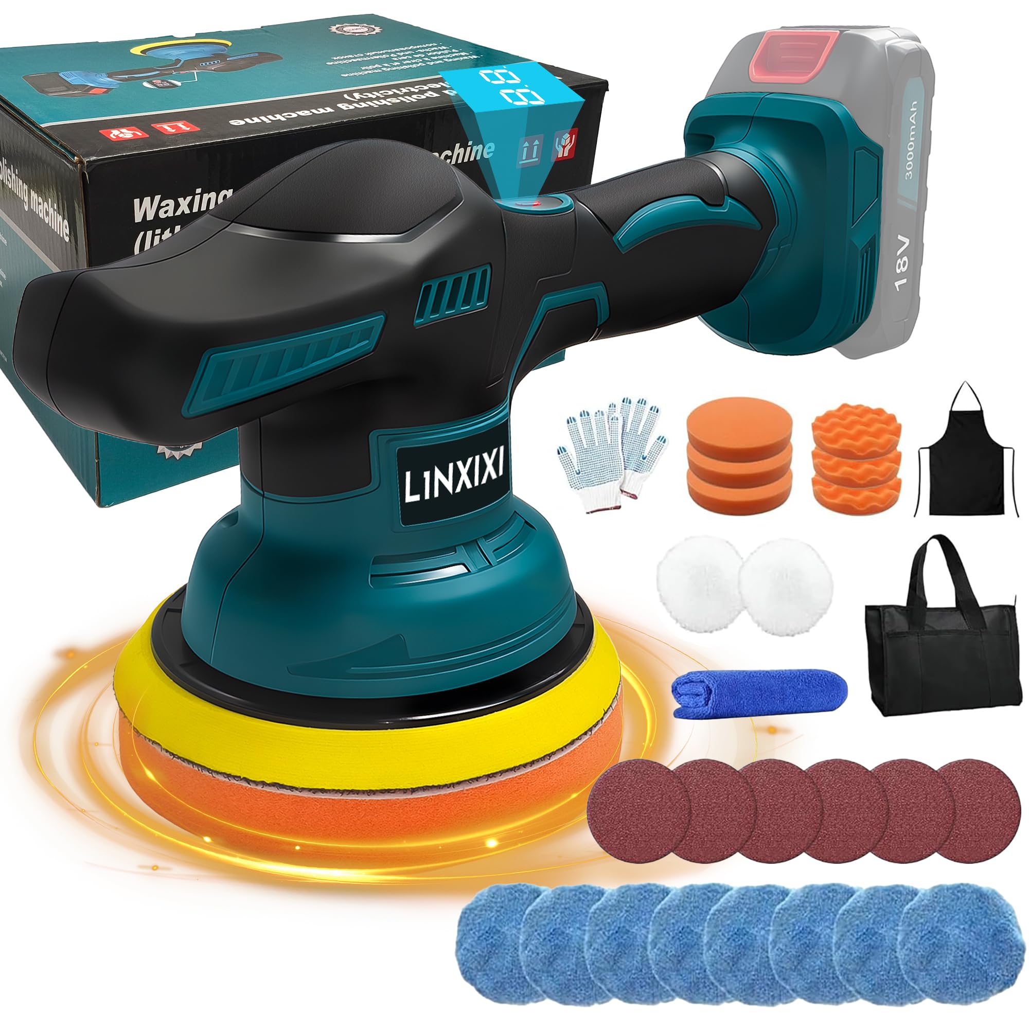 81RWfnvWrLL._SY2000_.jpg L1NXIXI 6 Zoll Orbital Poliermaschine für Makita 18V – 8 Geschwindigkeiten & 27er Set – Bild 1
