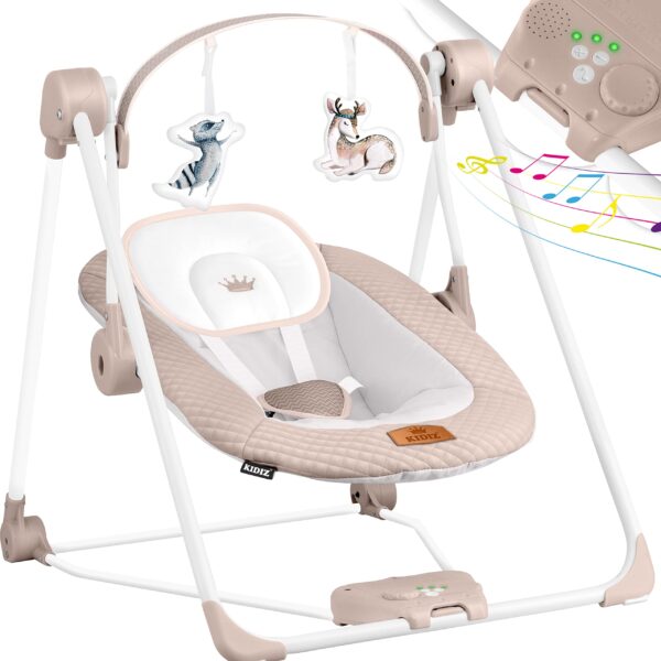 KIDIZ® Babywippe mit 5 Geschwindigkeiten & Naturgeräusche – Faltbar, Sicher & Beige