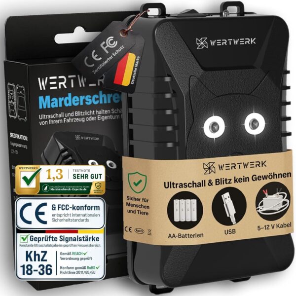 WERTWERK® Marderschreck mit Ultraschall & Lichtblitz – Marderabwehr für Auto & Haus