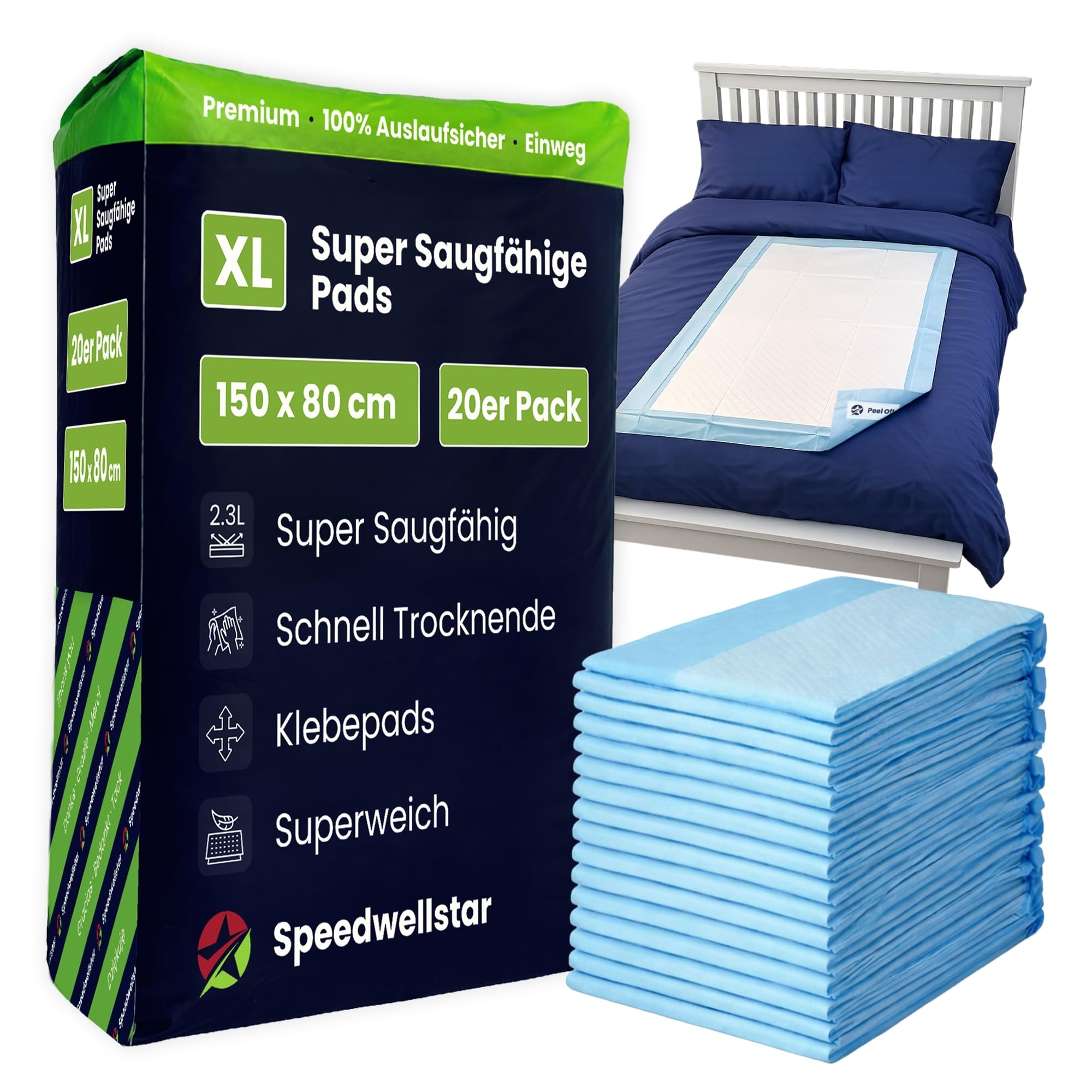 81Sb-2jlvOL._SY2000_.jpg Inkontinenz-Bettenauflagen 150 x 80 cm Wegwerfbar – 2300 ml Absorption für Einzel- & Doppelbett – Bild 1