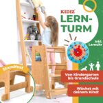 KIDIZ Lernturm mit Lernuhr – 3-stufig höhenverstellbar, bis 50 kg belastbar, Kiefernholz – Bild 2
