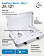 CFH Capri ZK 421 Zweiflammkocher – 3,8 kW Camping Gaskocher mit Druckregler & Schlauch – Bild 2