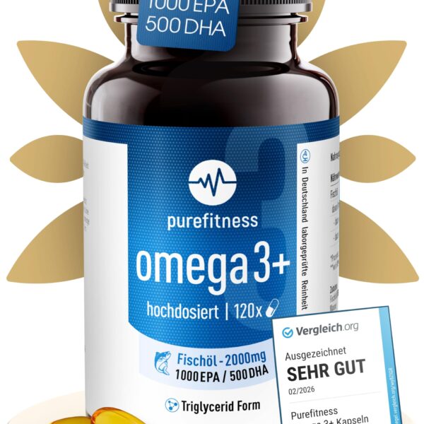 Purefitness Omega 3 Kapseln 2000mg – EPA & DHA für Herz, Gehirn & Sehkraft | 120 Softgels