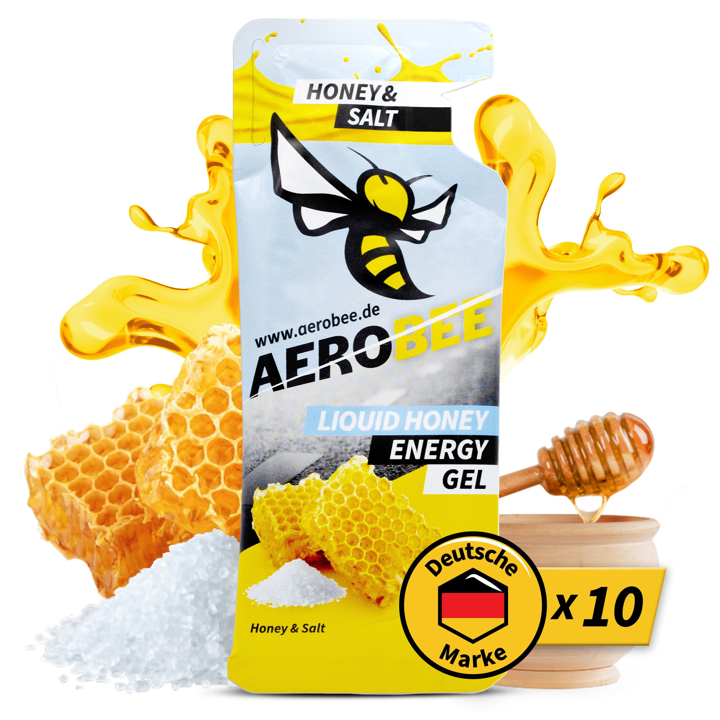 81WJlnMrbrL._SY2500_.jpg AEROBEE Energy Liquid Gel Honey & Salt 10x26g – Natürliches Ausdauer-Gel für Laufen & Radsport – Bild 1