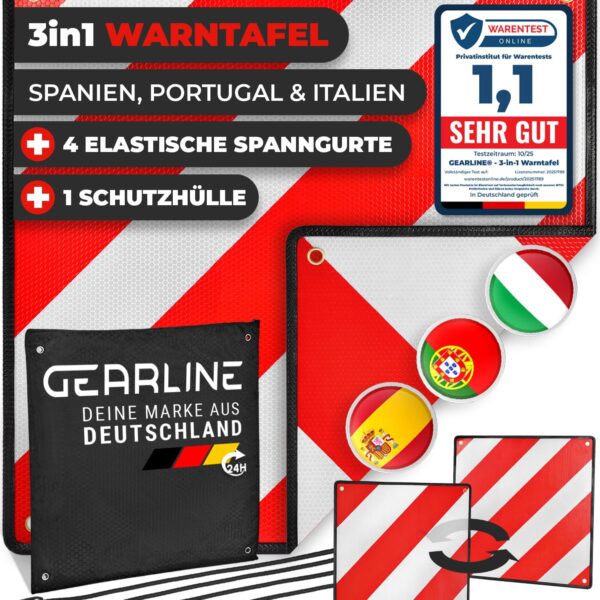 GEARLINE 3-in-1 Warntafel für Italien, Spanien & Portugal – Fahrradträger Warnschild mit Spanngurten