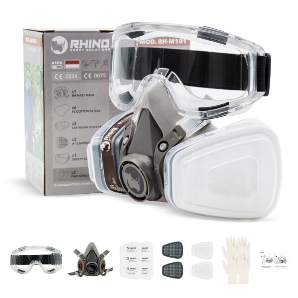 RHINO Smart Solutions Atemschutzmaske A1P2 – Halbgesichtsmaske mit Filtern für Lackierung & Schleifen