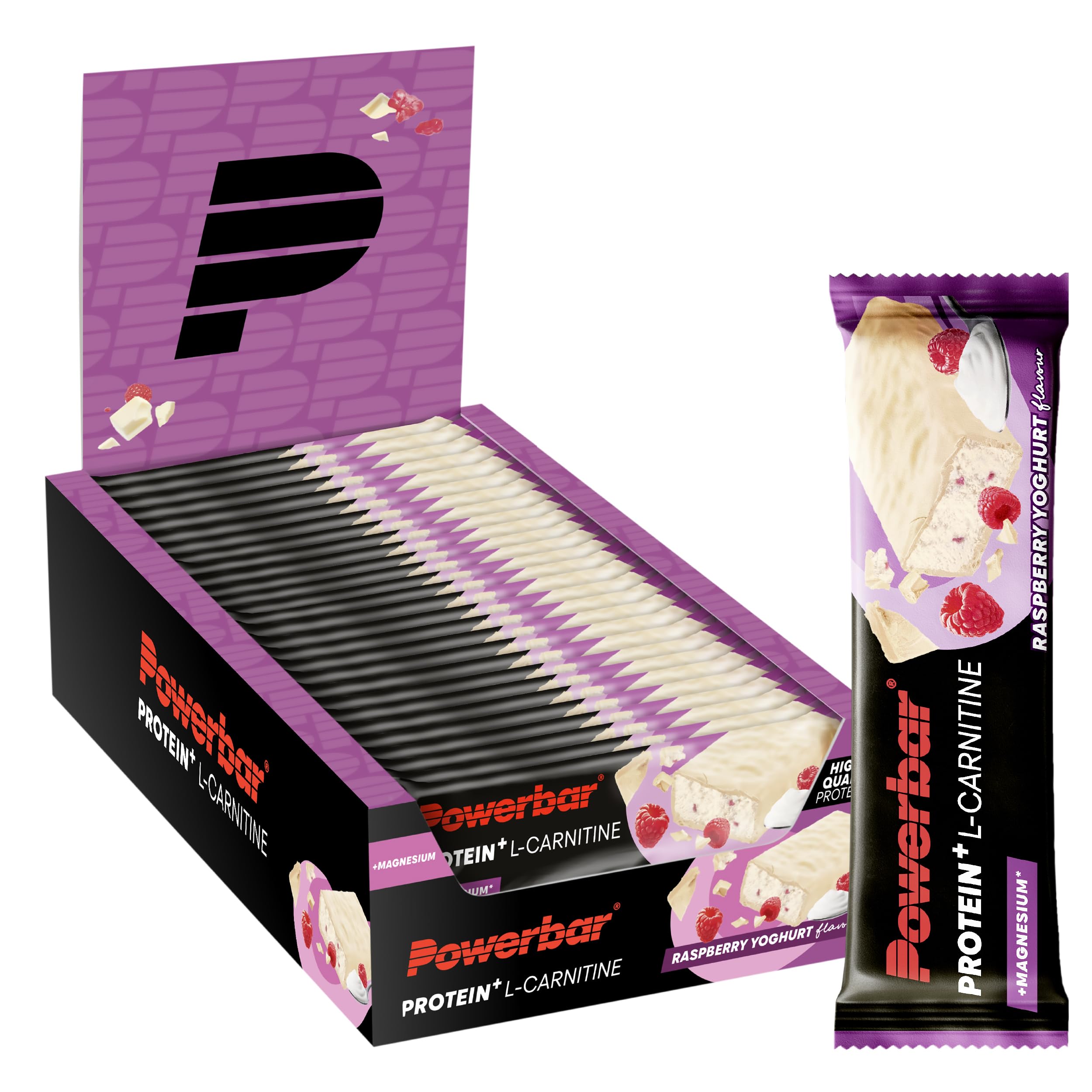 81atx1vzJL._SY2500_.jpg Powerbar Protein Plus + L-Carnitine Bar Himbeer Joghurt – 30x35g Proteinriegel – Bild 1