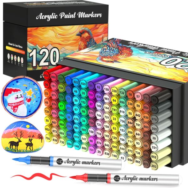 Vozuna 120er Acrylstifte Set wasserfest – Acrylmarker mit flexibler Pinselspitze für Steine, Glas & Holz