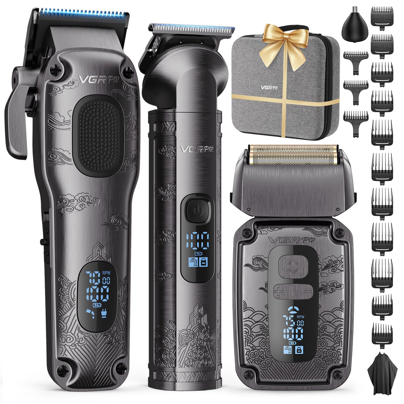 81bmOMK5n2L._SY1600_.jpg VGRPRO Haarschneidemaschine Profi-Set mit Trimmer & Folienrasierer – Kabelloses Pflege-Kit für Herren – Bild 1