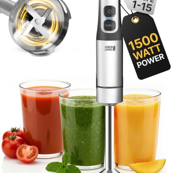 LEBENLANG 1500W Stabmixer Edelstahl – Pürierstab mit Messbecher & Spritzschutz