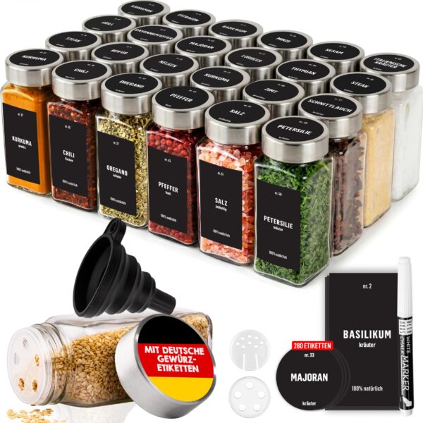 Deco haus® Gewürzgläser Set 24er eckig luftdicht mit Etiketten & Streueinsatz