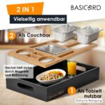 BASICBIRD® Couchbar Snackbox – Bambus Sofatablett mit 3 Edelstahl-Schalen & Getränkehalter – Bild 5