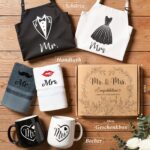 TUZELIYA Mr & Mrs Hochzeitsgeschenk Set 6-teilig – Tassen, Handtücher & Schürzen für Brautpaare – Bild 2