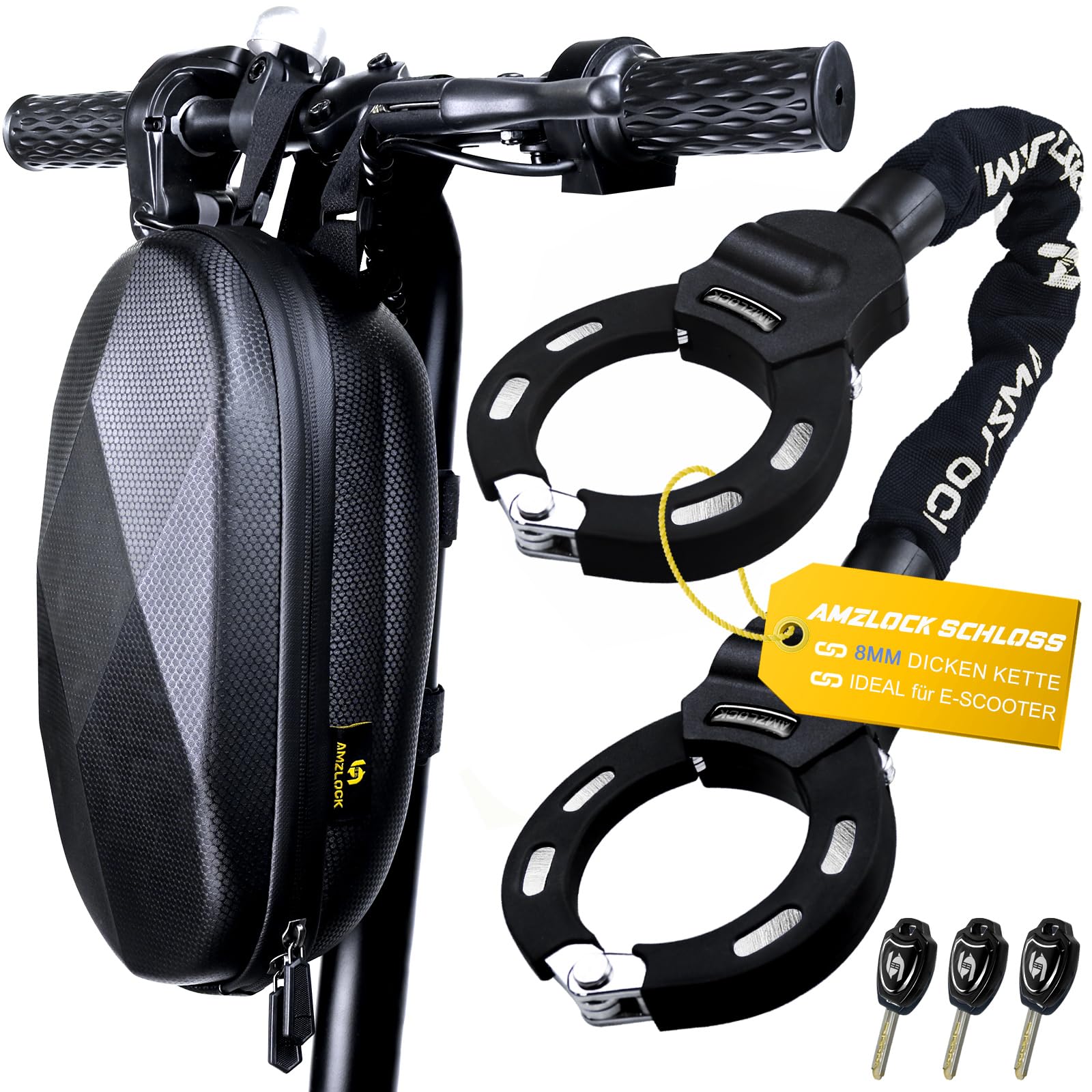 81f5u9zpVZL._SY1600_.jpg AMZLOCK E-Scooter Kettenschloss 8mm – Hochsicherheit mit Tasche & 3 Schlüsseln – Bild 1