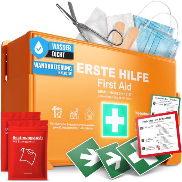 HELDENWERK® Erste-Hilfe-Koffer DIN 13157:2021 mit Wandhalterung – Verbandskasten für Betrieb & Haushalt