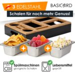 BASICBIRD® Couchbar Snackbox – Bambus Sofatablett mit 3 Edelstahl-Schalen & Getränkehalter – Bild 2