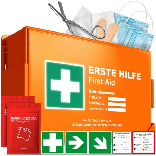 Erste-Hilfe-Kasten DIN 13157:2021 mit Wandhalterung – Verbandskasten für Betrieb & Haushalt