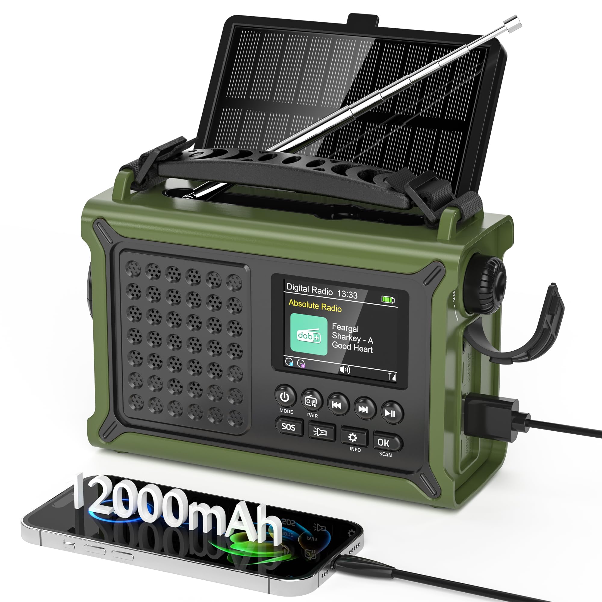 81jAASOS5L._SY2000_.jpg Mesqool Kurbelradio DAB+/UKW mit 12000mAh Akku & Solarpanel – Notfallradio mit Bluetooth – Bild 1