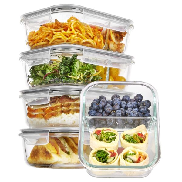 Vtopmart 5er Set Glas-Frischhaltedosen 975ml – Meal Prep Behälter mit 2 Fächern