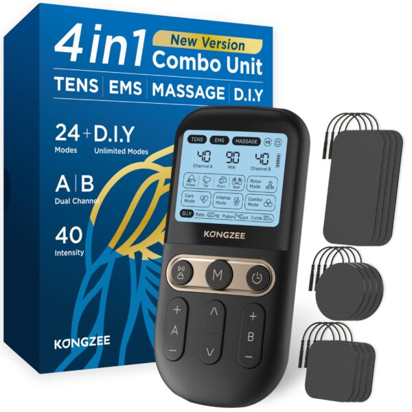 Kongzee 4-in-1 TENS EMS Gerät mit Zweikanal-Stimulation – Schmerzlinderung & Muskeltherapie