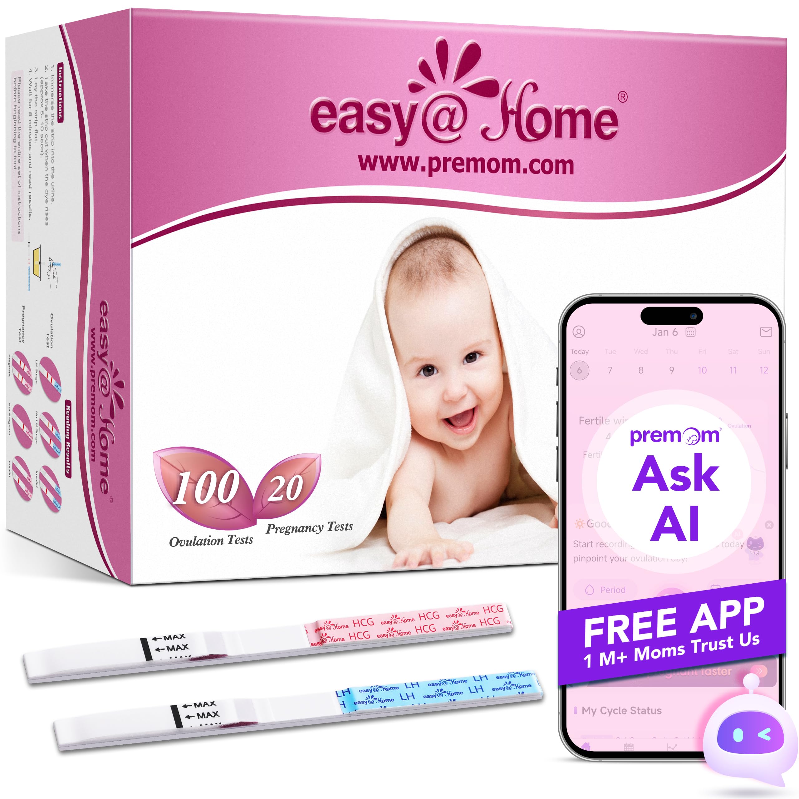 81mDYUO0EML._SY2560_.jpg Easy@Home Ovulationstest & Schwangerschaftstest Set – 100 LH + 20 HCG Tests mit Premom App – Bild 1