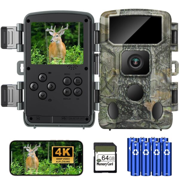 KJK Wildkamera 64MP 4K mit WLAN APP – Bewegungsmelder & Nachtsicht für Wildtierbeobachtung