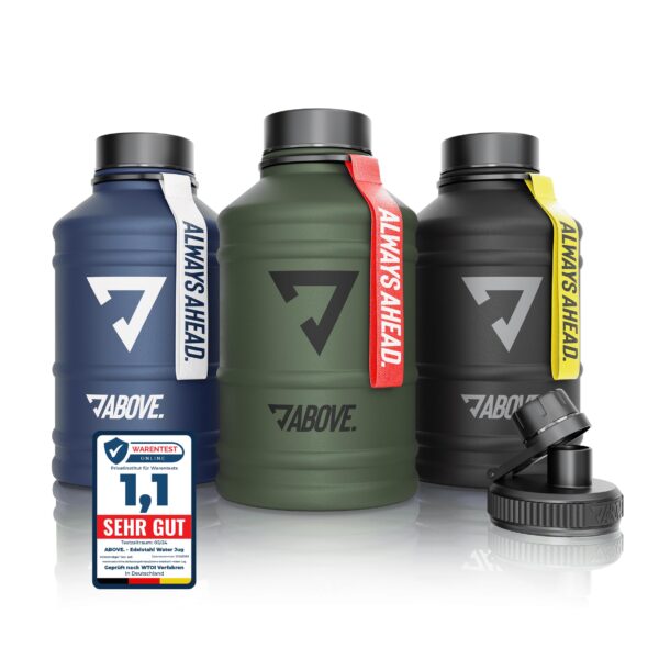 ABOVE. Edelstahl Trinkflasche 1.3L / 2.2L – Auslaufsicher mit 2 Verschlüssen für Sport & Outdoor
