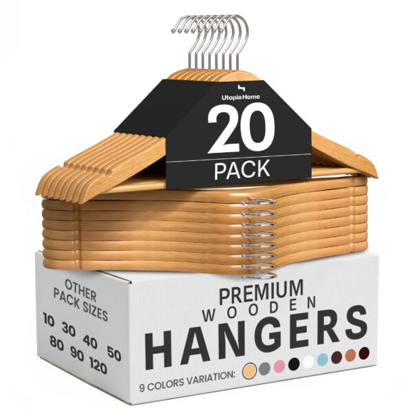 Utopia Home 20er Pack Holzbügel mit Hosenstange – Naturholz Kleiderbügel für Anzüge & Mäntel