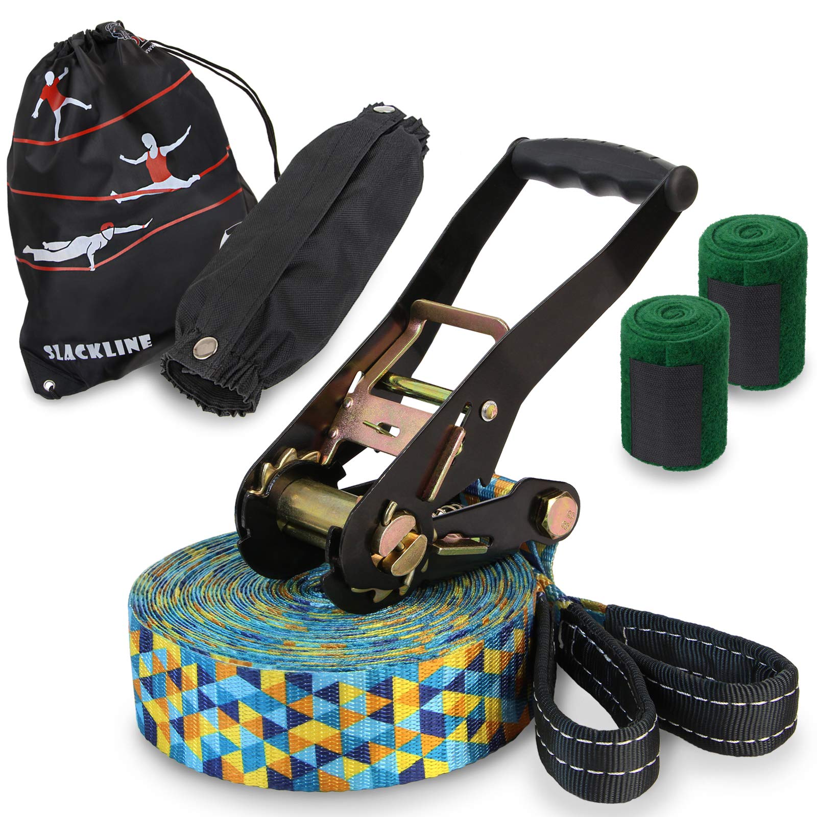 81pi9P440UL._SY1600_.jpg ALPIDEX Slackline 15 m Set mit Baumschutz – Balance-Training für Anfänger & Fortgeschrittene – Bild 1