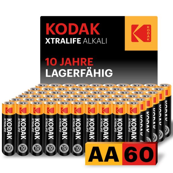 KODAK Xtralife AA Batterien 60er Pack – 1,5V Alkaline mit 148% mehr Leistung