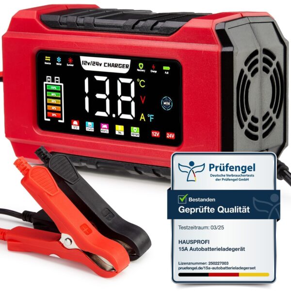 HAUSPROFI 15A Autobatterieladegerät 12V/24V – Intelligentes Schnellladen mit Reparaturfunktion
