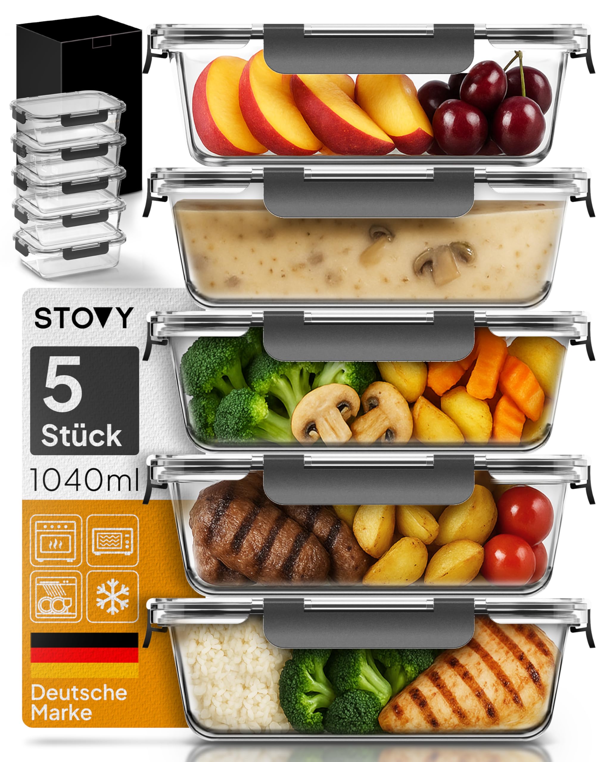 81rzNR69RaL._SY2560_.jpg STOVY® Meal Prep Boxen Glas 5x 1040ml – Hochwertige Glasbehälter mit Deckel – Bild 1